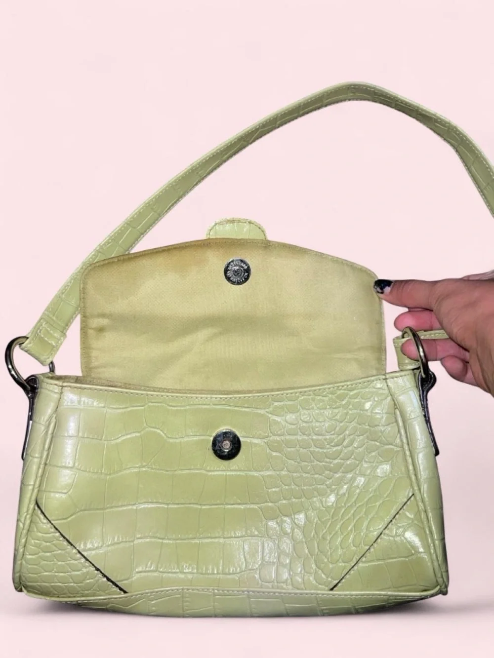 Lime Green Croc-Embossed Shoulder Bag